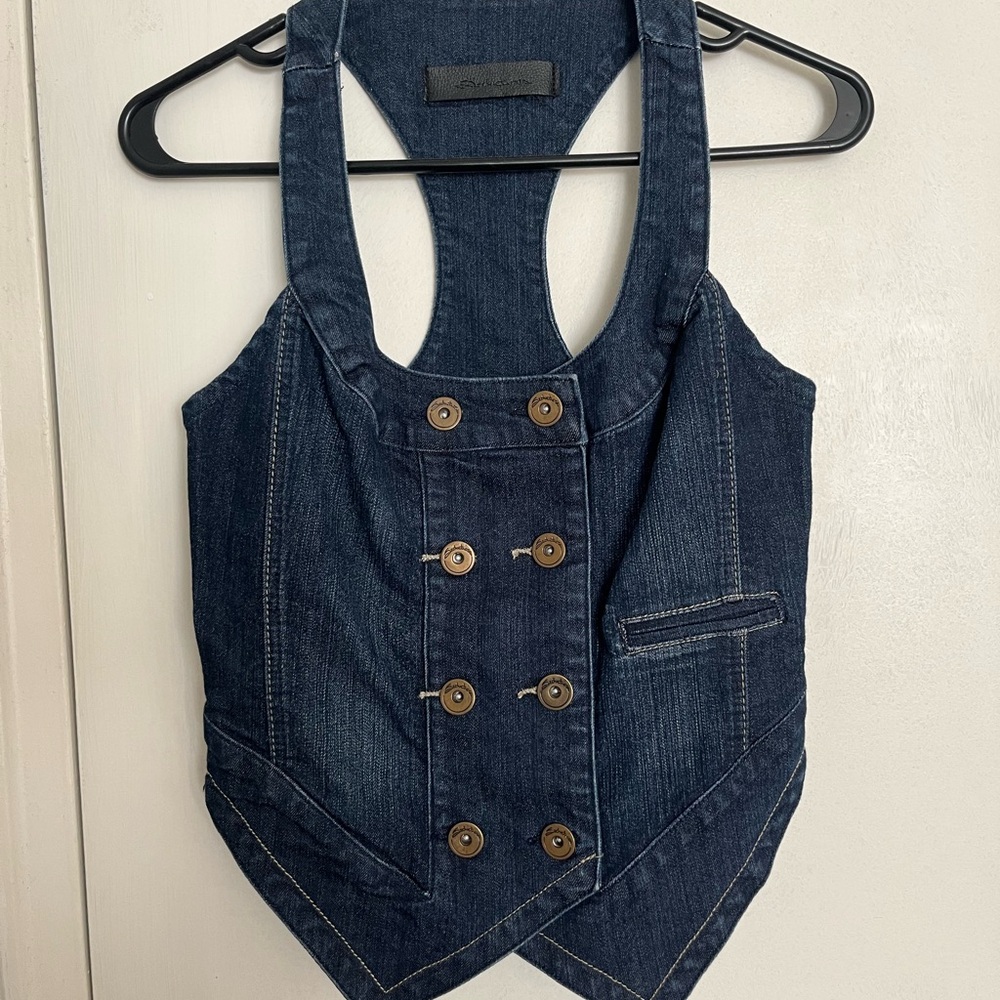 Dark Blue Denim Vest with Button Details